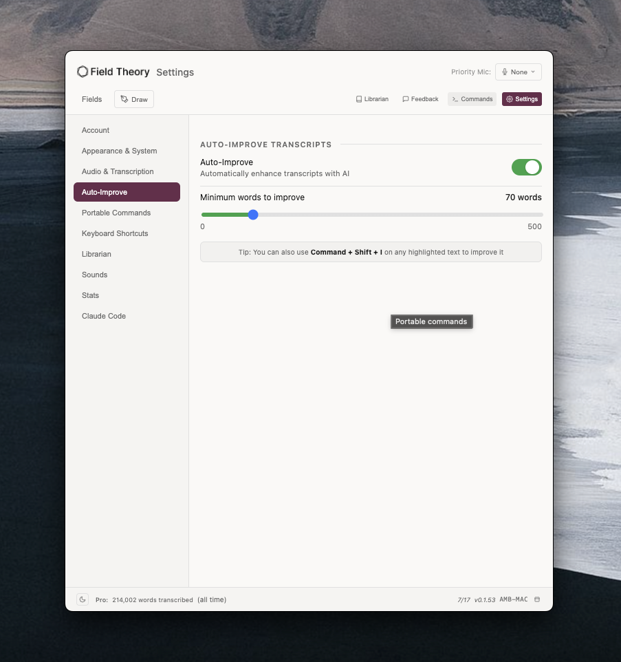 Auto-improve settings showing AI enhancement toggle