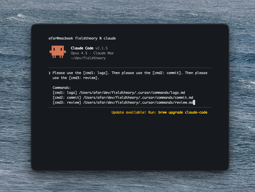 Verbal commands in Claude Code showing logs, commit, and review commands